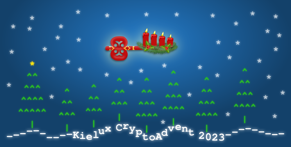 Unter einem ASCII-Kunst-Bild von Tannen vor einem Sternenhimmel erscheint der Schriftzug ---Kielux CryptoAdvent 2023---